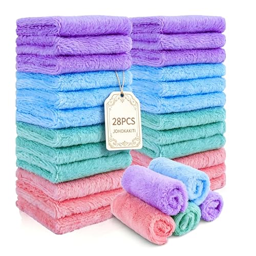 28 Pack Makeup Remover Cloths, Super Soft Premium Coral Velvet Facial Cleansing Towels 7x7 Inch, Highly Absorbent Microfiber Reusable Washcloths for Face, Eye, Lips