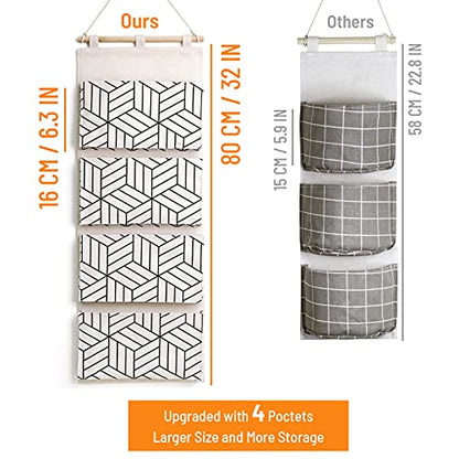 CROWNED 2Pcs Over Door Hanging Storage Bags Wall Mount Closet Organizer, 4 Big Pockets Linen Cotton Fabric Living Room Bedroom Bathroom File Magazine Waterproof Free Hooks White - color: White
