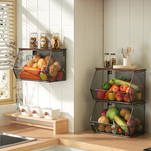Litwaro Fruit Basket Wire Baskets with Wood Lid, Wall Mounted Produce Basket for Snack, Fruit and Vegetable Storage, Countertop Onion and Potato Storage, 3 Pack Stackable Kitchen Counter Organizer - color: Black, size: 3 x Large