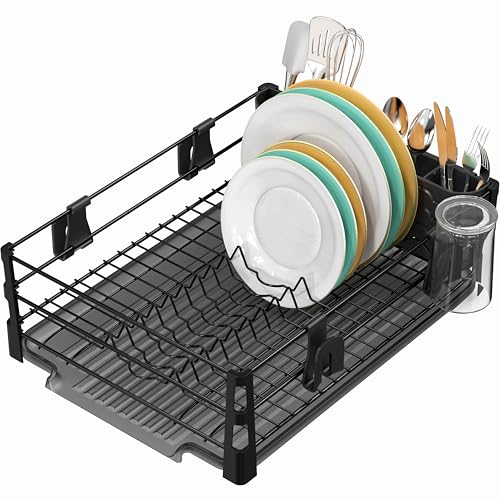 Simple Houseware Dish Drying Rack with Drainboard, Utensil Holder & Mug Hooks, Black Metal Kitchen Counter Organizer - color: Black