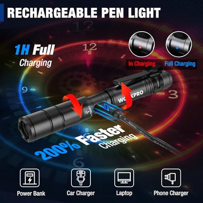 WORKPRO Rechargeable Pen Light, Mini Flashlight, 2 Pack Ultra-Compact EDC Flashlight, Pocket Flashlight with Clip, Memory Function and 2 x USB C Cable Included, Black - color: Black