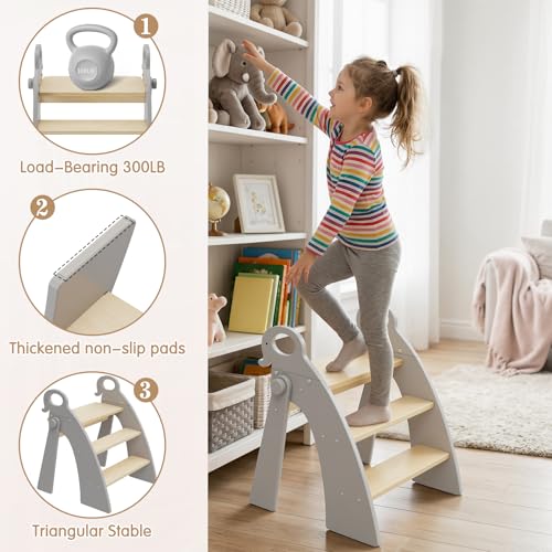 Wooden 3 Step Stool for Kids Bathroom Sink Foldable Anti-Slip, Child Stepping Stool for Kitchen Nursery Bedroom, Sturdy Non Slip Adult Stool for Closet - color: Grey Ele