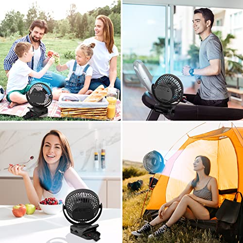 Clip on Fan 65 Hours Portable Desk Fan Rechargeable with LED Lights & Hooks 12000 Capacity Battery Operated Fan with Clips Small Desk Fan Mini Fans for Tents Travel Outdoor Camping Golf Cart, Black - color: Black