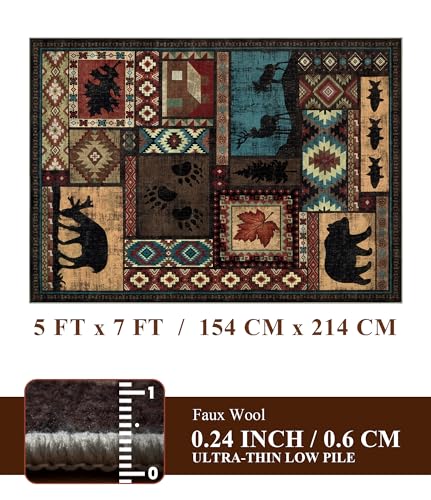 YIHOUSE Rustic Cabin Area Rug 5x7,Machine Washable Lodge Bear Rug,Non-Slip Low Pile Print Pattern Southwestern Rug for Living Room Bedroom - color: Brown, size: 5'x7' (Rectangular)
