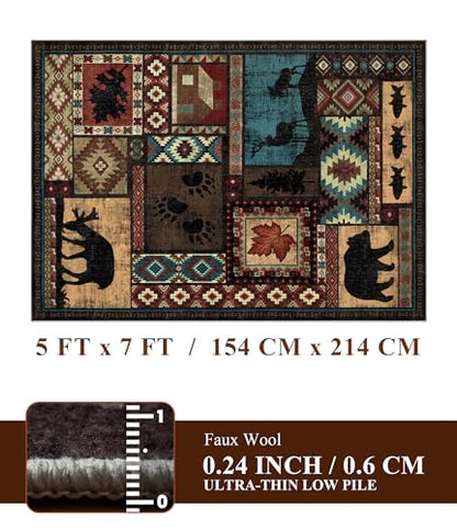 YIHOUSE Rustic Cabin Area Rug 5x7,Machine Washable Lodge Bear Rug,Non-Slip Low Pile Print Pattern Southwestern Rug for Living Room Bedroom - color: Brown, size: 5'x7' (Rectangular)