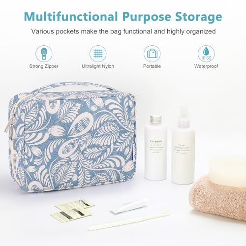 Mossio Hanging Toiletry Bag with Sturdy Hook - Large Portable Cosmetic Makeup Travel Organizer for Men & Women - color: Blue Leaf