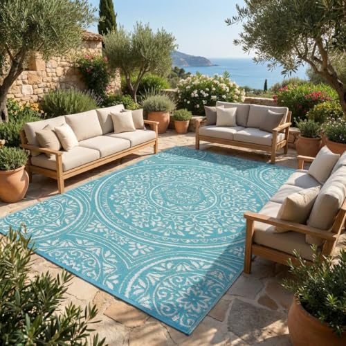 Waterproof Plastic Straw Outdoor Rug 9x18 Patio Reversible UV Resistant Foldable Camping Carpet Boho Floral Large Outdoor Rugs for Deck, Picnic, Porch, Camper, Balcony, Beach，Light Blue - color: Boho - Light Blue/White, size: 9' x 18' (Rectangular)