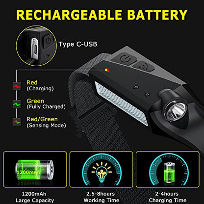 Rechargeable Headlamp 3PCS, 230° Wide Beam Head Lamp, Motion Sensor LED Headlamp Rechargeable, 5Mode Bright Headlamps for Adults, Head Lights for Forehead, Hard Hat Headlight, Camping Essentials Gear - size: 3Pack