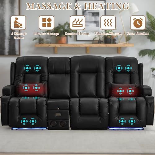 TUNYI Power Loveseat Recliner Sofa with Massage & Heat Home Theater Seating with Console RV Recliner Loveseat Sofa with USB/Storage/Side Pocket/LED Light/Speaker (Black, 3 Seat with Console) - color: Black, size: 3 Seat with console