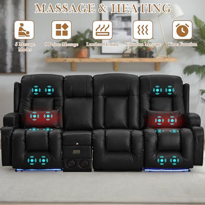 TUNYI Power Loveseat Recliner Sofa with Massage & Heat Home Theater Seating with Console RV Recliner Loveseat Sofa with USB/Storage/Side Pocket/LED Light/Speaker (Black, 3 Seat with Console) - color: Black, size: 3 Seat with console