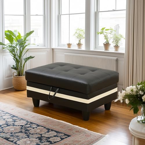 Ottoman, Faux Leather Storage Ottoman Bench, Modern 33.5" Large Square Entryway Bench Ottoman with Storage for Living Room/Apartment/Bedroom/Rv Car,Black/White - color: Black/White, size: 33.5 inch