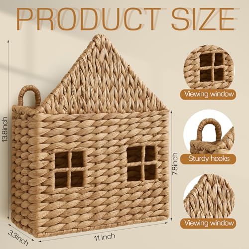 Wicker Magazine Holder Wall Basket Hanging Wall Mount Mail Rack Holder Storage Water Hyacinth House Shaped Woven Hanging Basket for Books & Files with Handle Home Office, 13.8 x 11 Inch