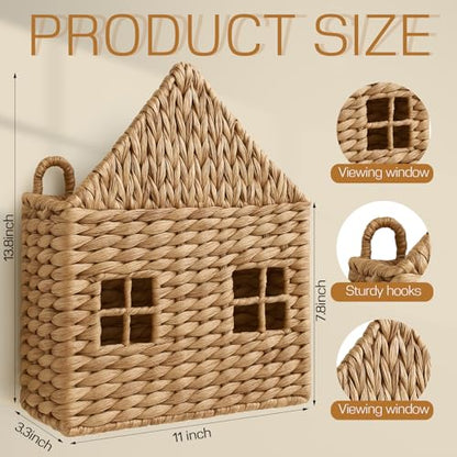 Wicker Magazine Holder Wall Basket Hanging Wall Mount Mail Rack Holder Storage Water Hyacinth House Shaped Woven Hanging Basket for Books & Files with Handle Home Office, 13.8 x 11 Inch