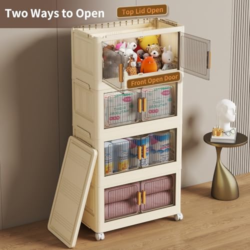 4 Tier Stackable Plastic Storage Bins with Lids 58QT, Collapsible Closet Organizers and Storage with Wheels for Living Room,Office,Dorm - size: 60Gal-4pack