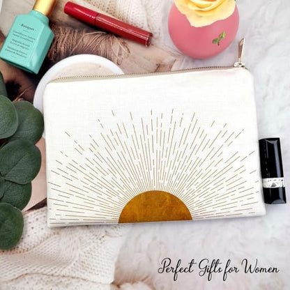 Sunshine Ray Makeup Bag Natural Linen Zipper Pouch Makeup Bag Tech Accessory Bag Mid Centry Boho Decor Travel Accessory Pouch