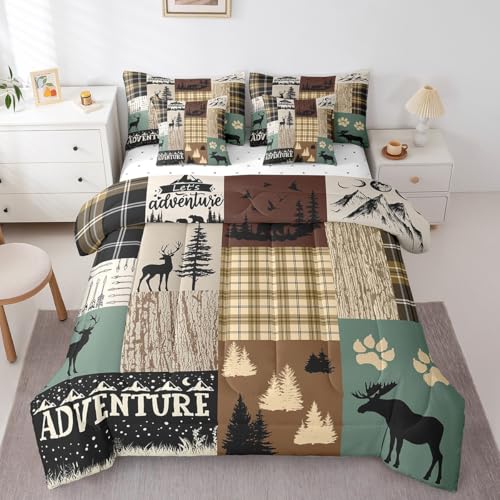 Bear Elk Deer Bed in a Bag King Size Comforter Set 7 Pieces,Vintage Cabin Sheet Set Woodland Animals Moose Bedding Set,Rustic Farmhouse Bed Set Pine Trees Country Cottage Brown Buffalo Plaid Decor - color: Black Brown Green, size: King