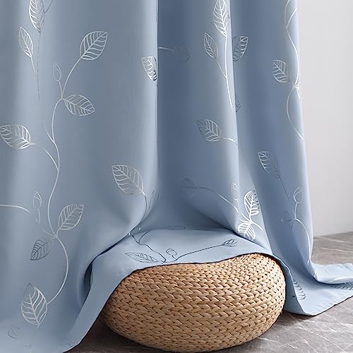 BUHUA Heat Blocking Curtains, Black Out Curtains 63 Inch Long 2 Panels Burg, Soundproof Curtains with Silver Leaf Printed (52 x 63 Inch, Baby Blue, Set of 2 Panels) - color: Silver Leaf /Baby Blue, size: 52"W x 63"L (Pack of 2)