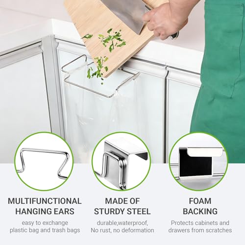 Trash Bag Holder, Stainless Steel Garbage Bag Holder Portable Under Sink Bag Hanger for Kitchen Cabinet Doors Bathroom
