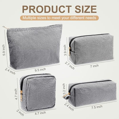 Sanwuta 4 Pcs Seersucker Pouch Cosmetic Bag Set Seersucker Makeup Bag Women Stripe Large Travel Toiletry Organizer Aesthetic Preppy Storage for Embroidery Women Bridesmaid Gifts(Black) - color: Black
