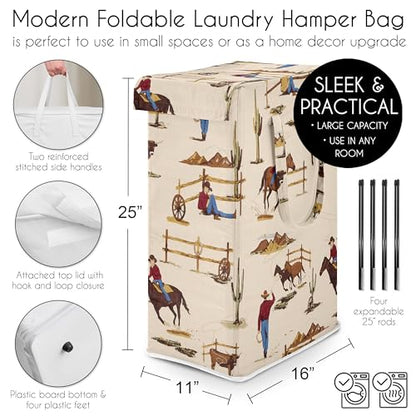 Sweet Jojo Designs Tan Brown Western Cowboy Boy Laundry Hamper Foldable Dirty Clothes Basket with Handles Baby Nursery Kid Bedroom Teen Bathroom Wild West Southern Country South Horse Steer Cow Animal - color: Western