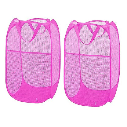Larpur 2Pack Foldable Popup Laundry Basket, Collapsible Portable Mesh Clothes Washing Laundry Hamper with Reinforced Carry Handles (Pink) - color: 2*Pink