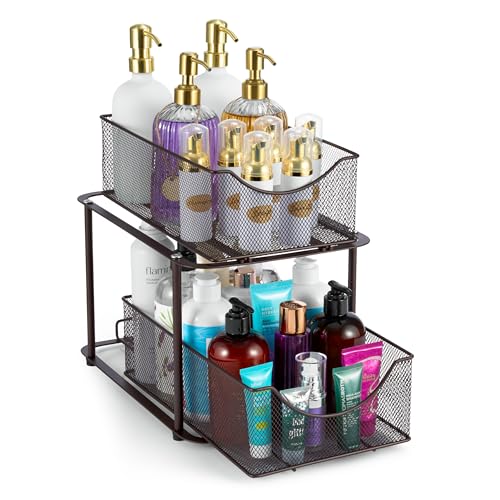 Sorbus 2 Tier Metal Under Sink Organizer for Bathroom, Kitchen, Strong Steel Mesh Sliding Drawers for Under Sink, Under Cabinet, Closet, Kitchen, Pantry, Bathroom Organizers and Storage (Brown) - color: Bronze, size: 1 Pack