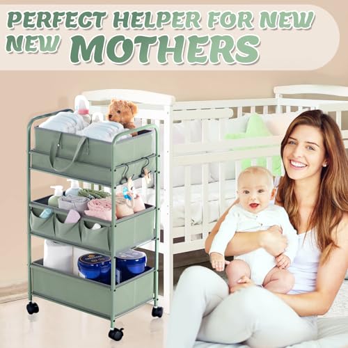 Honeydak 2in1 Baby Diaper Caddy Organizer Cart 3 Tier Large Capacity Metal Utility Bedside Rolling Cart with Divider Newborn Registry Nursery Essential Must Have Crib Bedroom Baby Shower(Green) - color: Green