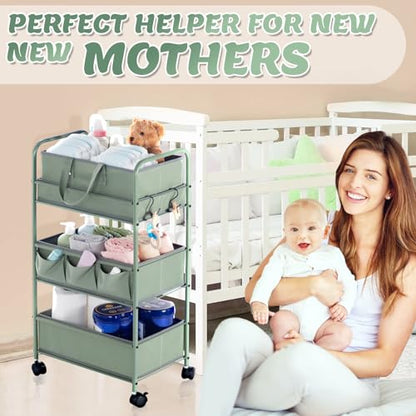 Honeydak 2in1 Baby Diaper Caddy Organizer Cart 3 Tier Large Capacity Metal Utility Bedside Rolling Cart with Divider Newborn Registry Nursery Essential Must Have Crib Bedroom Baby Shower(Green) - color: Green