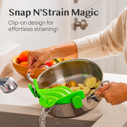 Kitchen Gizmo Snap N' Strain Clip On Strainer for Pots and Pans - Collapsible Silicone Pasta Strainer and Kitchen Gadget for Cooking - Easy to Use, Heat Resistant and Space Saving Colander - Green - color: Lime Green
