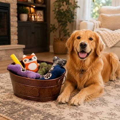 BREKX Indestructible Metal Dog Toy Bin - Copper Galvanized Storage Bin with Handles, Pet Storage Organizer - Ropes, Blankets, & Leashes, Bone Design Pet Toy Box (15-Quart) - color: Antique Copper