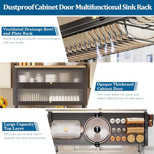 4-Tier Dish Drying Rack with Cover – Above Sink Kitchen Storage Rack, Large Space-Saving Shelf for Dishes, Glasses, Bowls & Cutlery, Black (W-38'') - size: W-38''