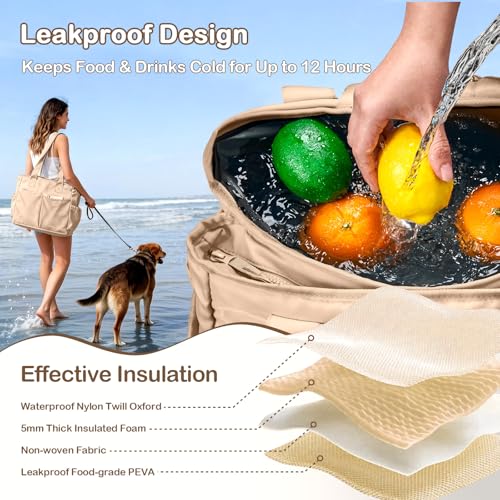 Odoland Soft Cooler Bag – Leakproof Insulated, Collapsible for Beach, Camping - color: Khaki