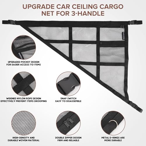 3 Handle Car Ceiling Cargo Net for SUV Roof Storage | Large 35.4" x 23.6" Perfect for road trips, camping, family travel and car organization,No tools required - size: 35.4"x23.6"