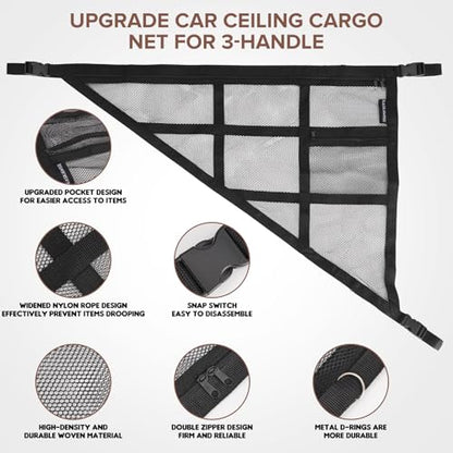 3 Handle Car Ceiling Cargo Net for SUV Roof Storage | Large 35.4" x 23.6" Perfect for road trips, camping, family travel and car organization,No tools required - size: 35.4"x23.6"