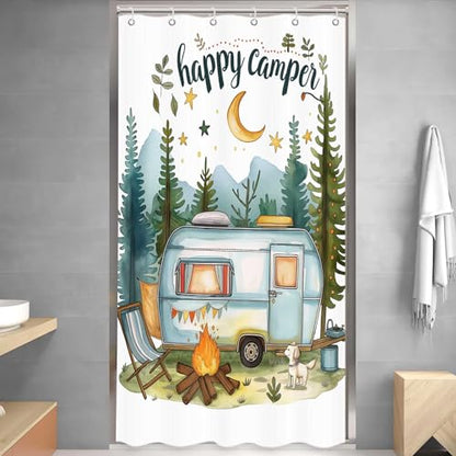 Happy Camper Small Stall RV Shower Curtain Rustic Tree Mountain Adventure Tent Camping Bathroom Curtains Travel Trailer Bathroom Accessories Set with Hooks 36 x 72 Inches - color: Blue, size: 36"W x 72"L (Pack of 1)