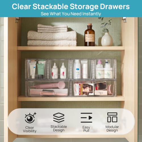 Vtopmart 4 Pack Stackable Storage Drawers, Easily Assemble Clear Plastic Organizer Bins, 2 Wide Drawers and 2 Medium Drawers for Pantry, Kitchen Cabinet, Bathroom, Closet Organization and Storage - style: 2 Wide+2 Medium