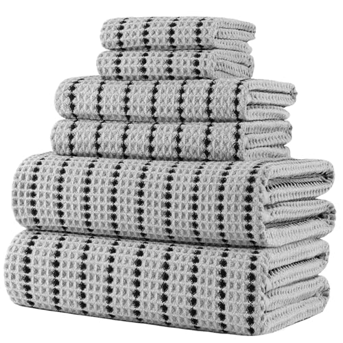 POLYTE 430 GSM Microfiber Quick Dry Lint Free Oversize Bath Towel Set, 6 Piece (Waffle Weave) - color: Light Gray/Black