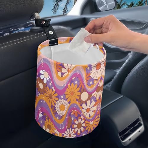 Renewold Waterproof Car Trash Can, Hippie Daisy Swirl Boho Car Garbage Can with Button Straps, Trash Bin for Any Vehicles, Auto Waster Container, Camping Picnic Travel Desktop Storage Bag Organizer - color: Hippie Daisy Swirl Boho