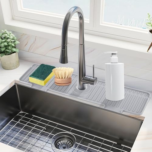 Amerner 20 inch Kitchen Sink Splash Guard, 10° Large Slope & Adaptable Hole Faucet Mat for Kitchen Sink, Silicone Sink Organizer Sponge Holder for Kitchen, Bathroom, RV, Bar, 20” x 5.5”, Gray - color: Gray, size: 20 IN