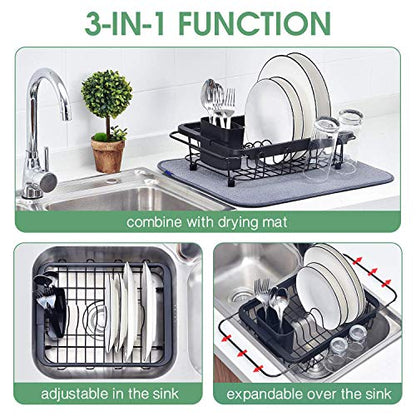 TOOLF Expandable Dish Drying Rack Over The Sink Adjustable Dish Rack in Sink Or On Counter Dish Drainer with Utensil Holder Rustproof for Kitchen