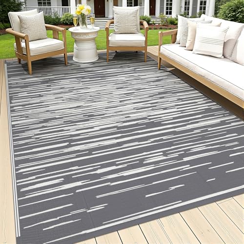 HEBE Outdoor Rug 6' x 9' Waterproof for Patios Clearance, Reversible Plastic Straw Rug Camping Carpet, Indoor Outdoor Area Rugs Patio Mats for RV,Picnic,Backyard,Deck,Balcony,Porch - color: Stripe/Grey, size: 6' x 9' (Rectangular)