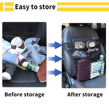Car Seat Net Passenger Seat Caddy, Double Layer Front Seat Versatile Elastic Organizer Net Purse Holder Most Sizes Shapes Universal for GMC Ford Toyota No Removal Required, 19.69" x 15.75"
