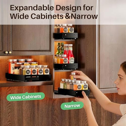 SNTD Pull Out Spice Rack for Upper Cabinet - Expandable Organizer with Smooth Ball Bearing Slides, No Drill Mounting Spice Storage for Kitchen (1 Pack, 4.1" to 7.2" W X 10" D X 2.2" H) - size: 4.1"W X 10"D X 2.1"H