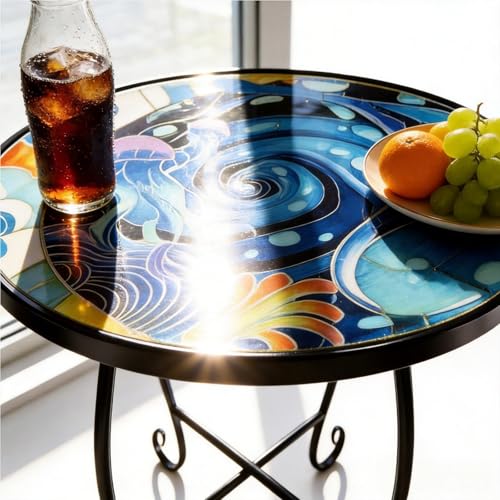 15 Inch Jellyfish Mosaic Side Table (1 PC) - Small Outdoor Round Folding Table with Weather-Resistant Metal Frame, Coastal Accent End Table for Patio, Garden, Balcony, Backyard - color: Ocean