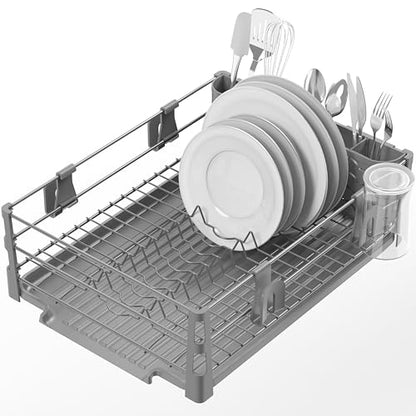 Simple Houseware Dish Drying Rack with Drainboard, Utensil Holder & Mug Hooks, Silver Metal Kitchen Counter Organizer - color: Silver