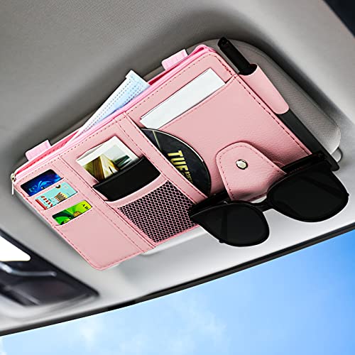 Car Sun Visor Organizer, Leather Pocket Organizer Sunglass Holder for Car Interior Accessories with Multi-Pocket Net Zipper, Pink - color: Pink