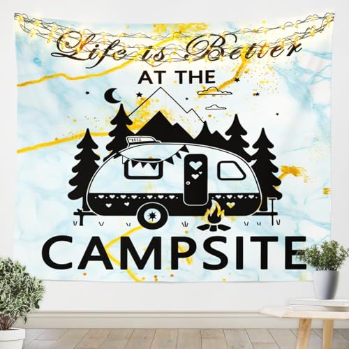 Feelyou Marble Rv Camping Wall Hanging Happy Camping Tapestry Cartoon Car Wall Blanket Blue Marble Texture Bedroom Decor Farmhouse Art Xlarge 70 X92 - size: 92"L x 70"W