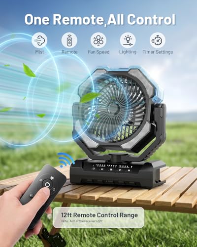 Misting Fan, Portable Camping Fans with 9oz Water Tank, 24000mAh Rechargeable Fan with 4 Speed, Battery Powered Fans with 120H Cooling, Last 5H Mist, 2 Mist Modes, Light, Outsides/Summer Essential - color: Black