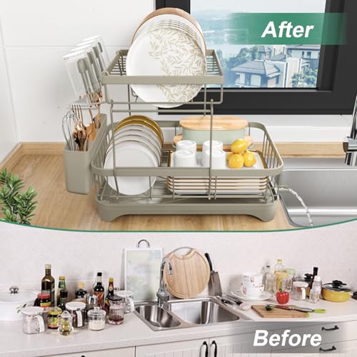Dish Drying Rack, 2-Tier Dish Drying Rack with Utensil Holder – Large Capacity Auto-Draining Dish Drainer with Drainboard for Kitchen Counter, Grey - color: 2-tier - Grey