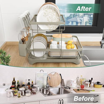 Dish Drying Rack, 2-Tier Dish Drying Rack with Utensil Holder – Large Capacity Auto-Draining Dish Drainer with Drainboard for Kitchen Counter, Grey - color: 2-tier - Grey